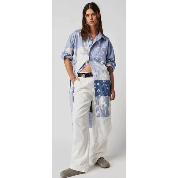 NWOT Free People x Tricia Fox Oxford Washed Patchwork Midi Button Up Shirt XS - Picture 1 of 14